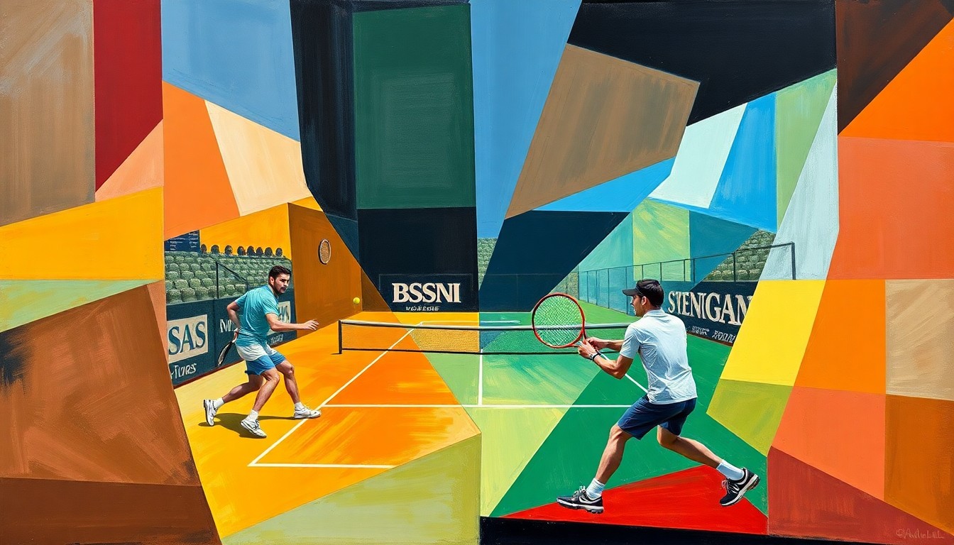 A fragmented, geometric painting depicting the intense back-and-forth action of a tennis match, with sharp planes of color and form representing the players' movements and the tension of the moment.