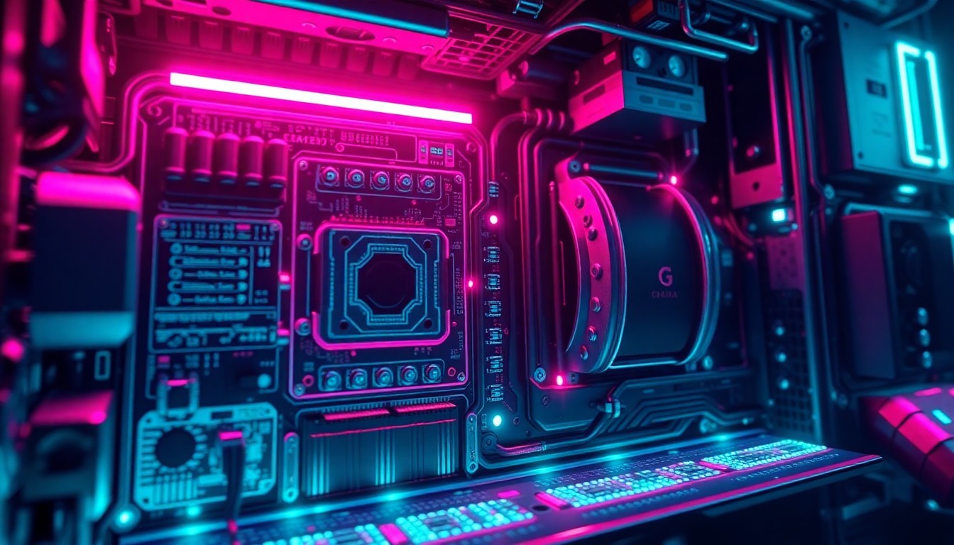 A highly detailed, glowing 3D macro illustration of the internal components and circuitry of a fictional game engine, with neon cyan and magenta lights illuminating the complex digital infrastructure, conceptually representing the powerful technology powering Bethesda's open-world RPGs.