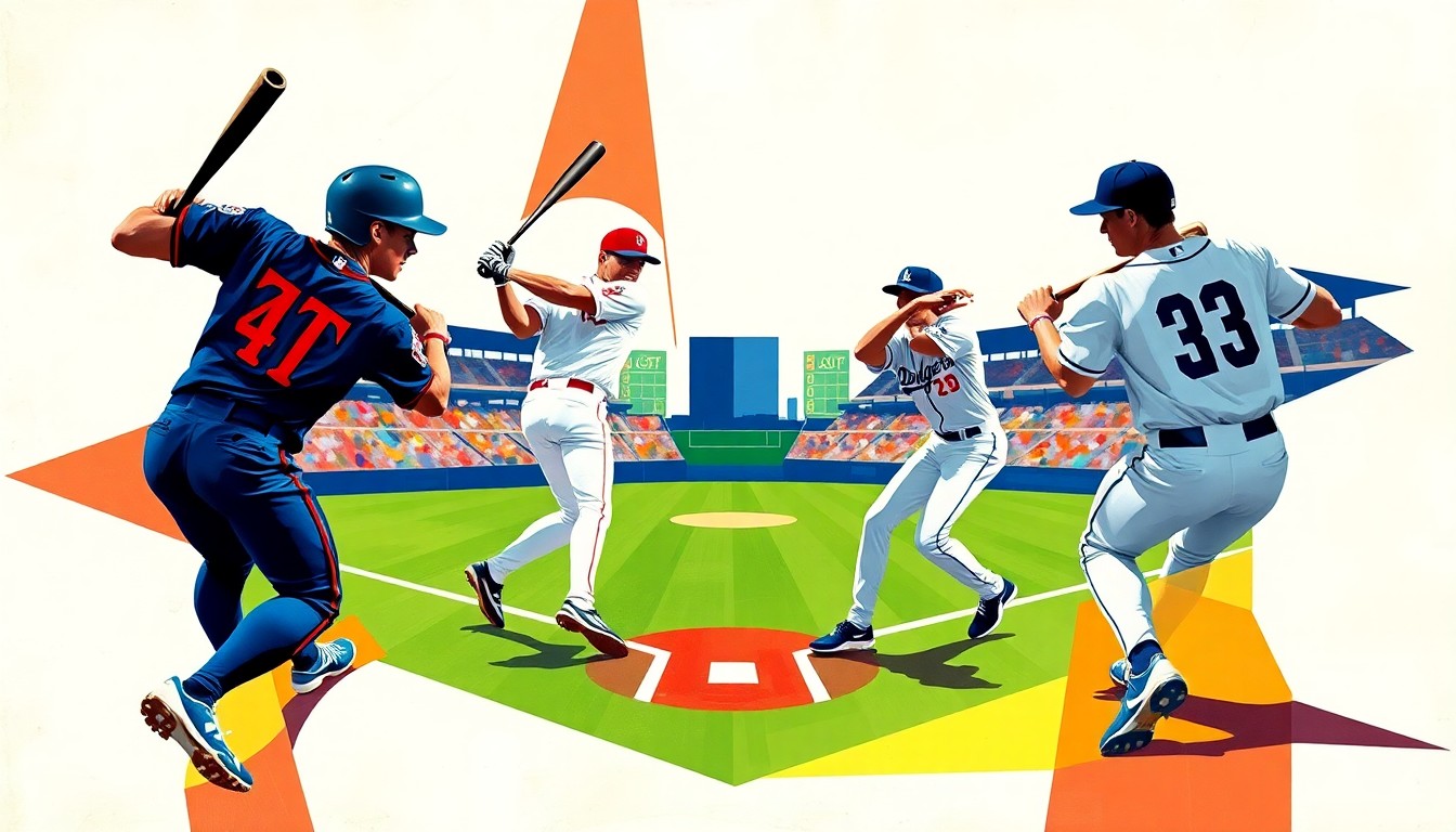 A cubist, geometric painting depicting the dynamic action of a baseball game, with the players' forms abstracted into angular, overlapping shapes in the official team colors of the Texas Rangers and Los Angeles Dodgers.