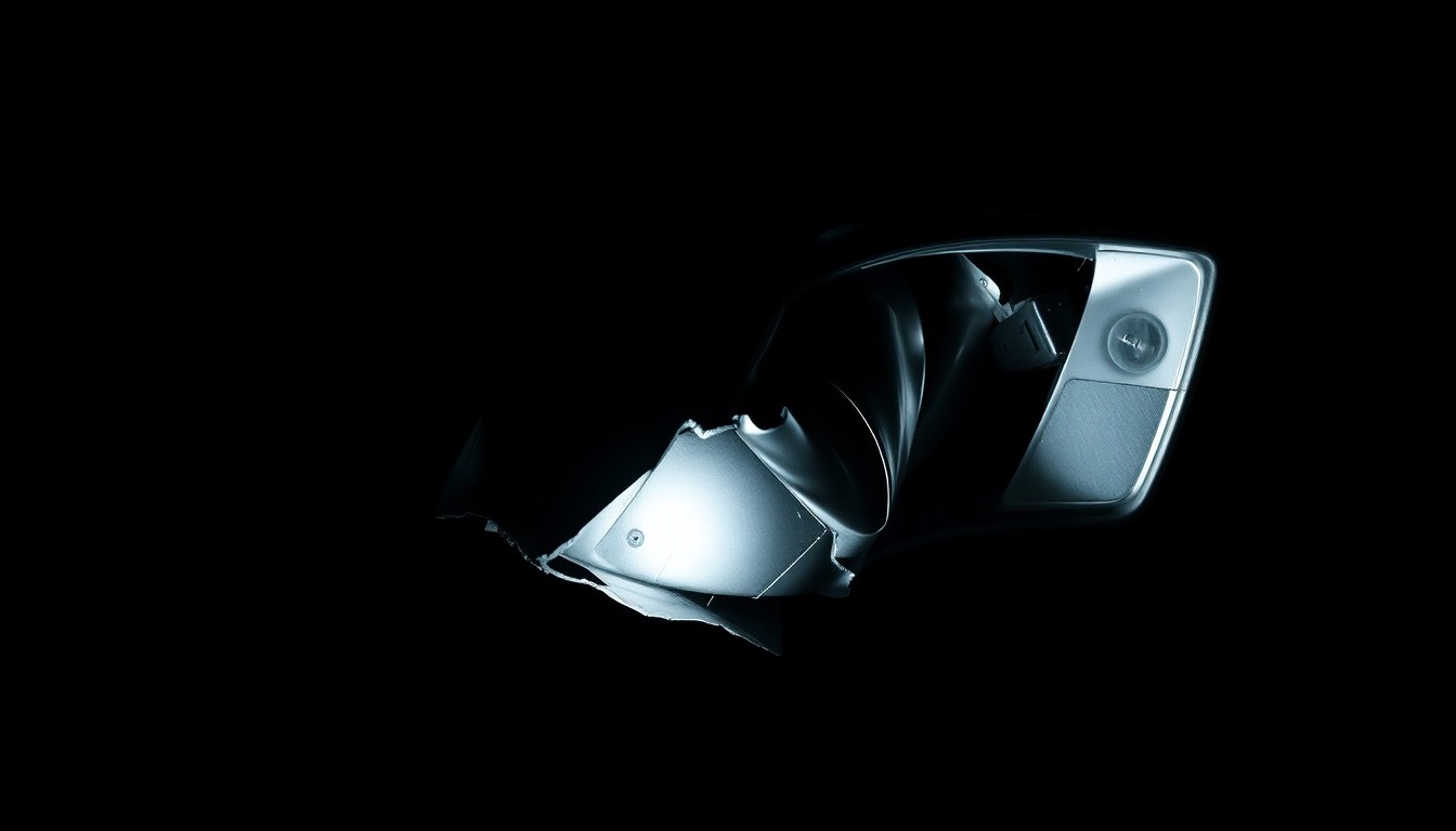 An extreme close-up photograph of a twisted, crumpled car part reflecting a harsh, direct flash of light, conceptually illustrating the aftermath of a fatal collision.