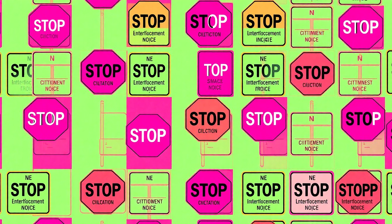 A bold, abstract grid of brightly colored municipal code enforcement symbols, conceptually representing the city's efforts to uphold local standards through a transparent public process.