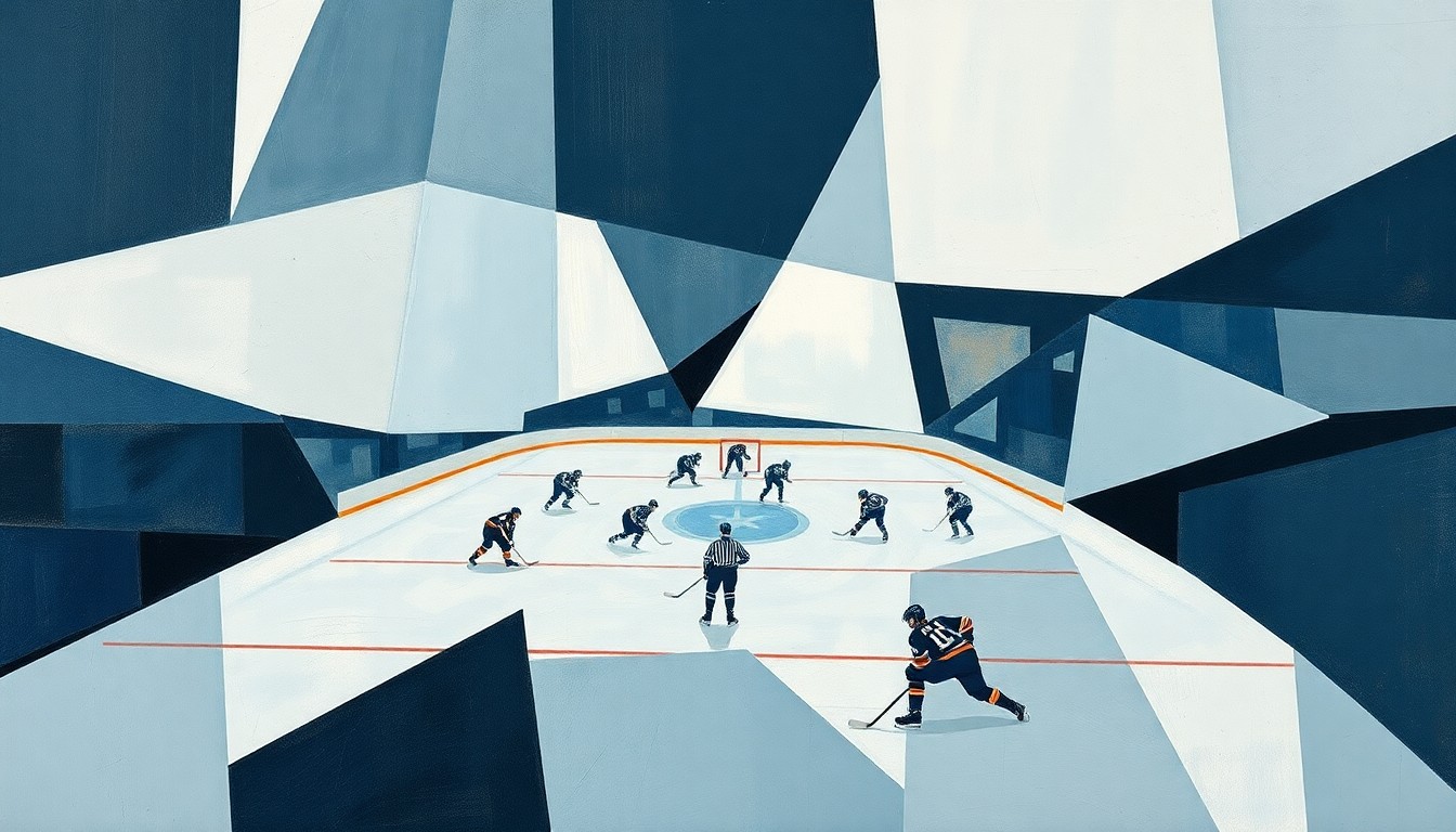 A cubist, geometric illustration depicting a fragmented hockey game, with sharp, overlapping planes of muted blues, greys, and whites, conveying the frustration and exclusion felt by some Sabres fans unable to purchase playoff tickets.