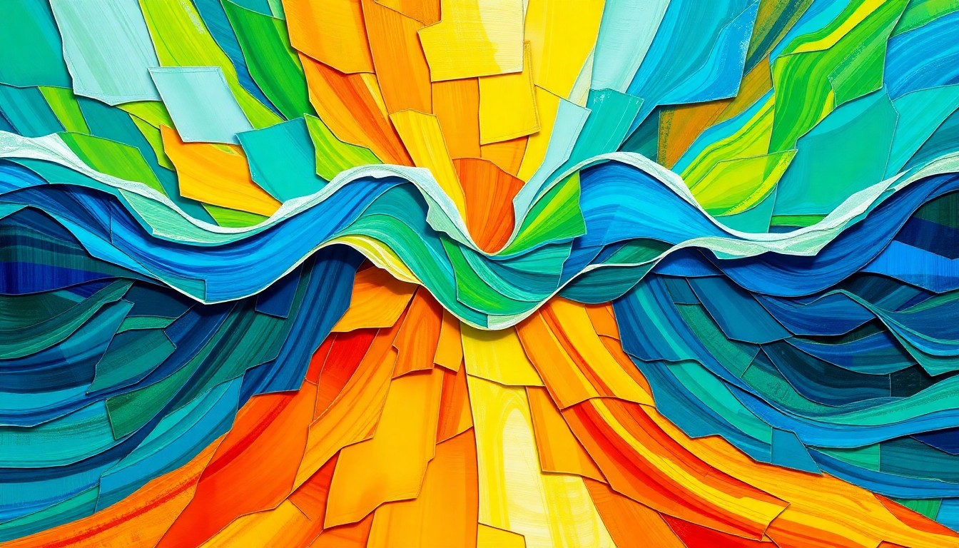 A vibrant, abstract painting featuring overlapping waves of bright blue, green, and orange colors, conveying the disruptive and fast-paced nature of cryptocurrency mining and its impact on state resources.