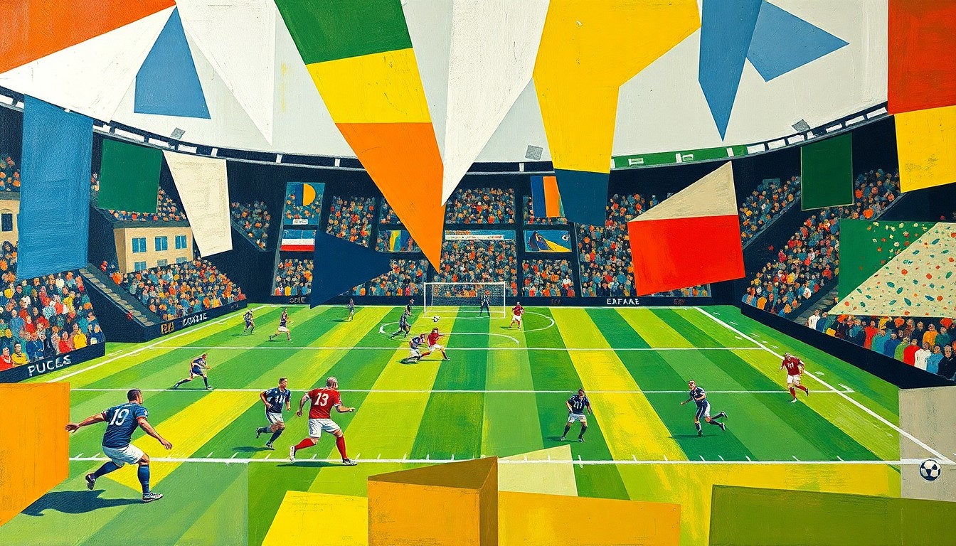 A fragmented, cubist-style painting depicting an abstracted football field and players, with sharp geometric shapes and planes of color representing the crowded tight end competition in Philadelphia.