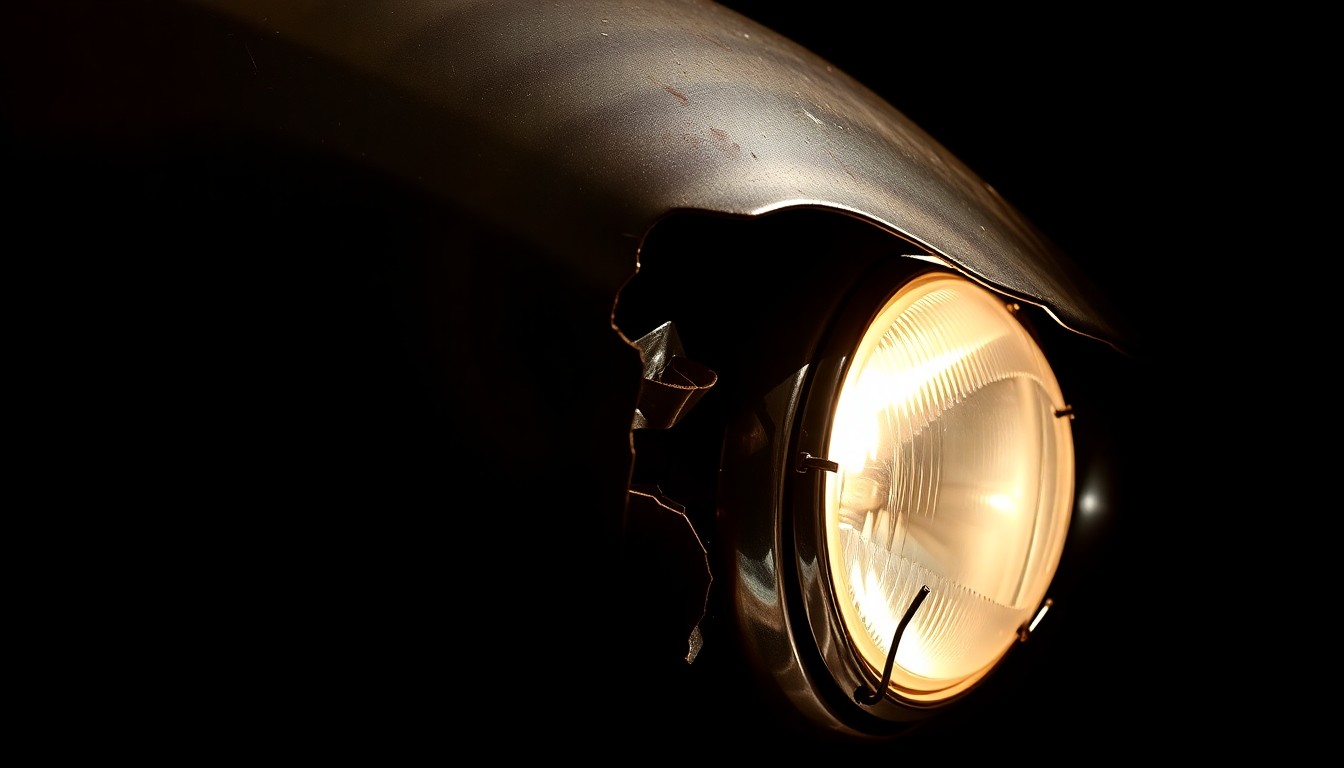 An extreme close-up photograph of a severely damaged classic car part, such as a twisted metal fender or shattered headlight lens, lit by a harsh, direct camera flash against a pitch-black background, conceptually illustrating the aftermath of a rollover crash involving a vintage vehicle.