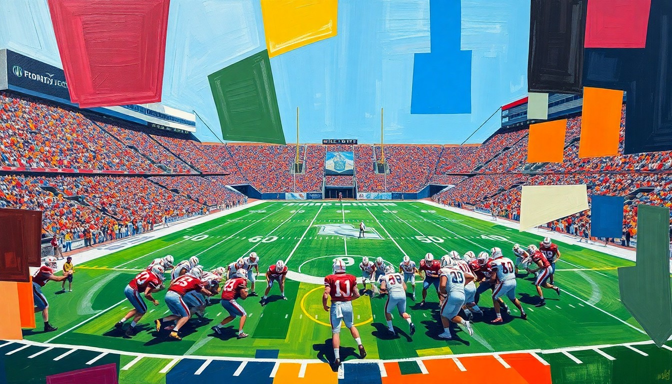 A cubist, geometric painting depicting a Fresno State football practice or game, with the players and field broken down into sharp, overlapping planes of color representing the team's uniforms and the playing surface.