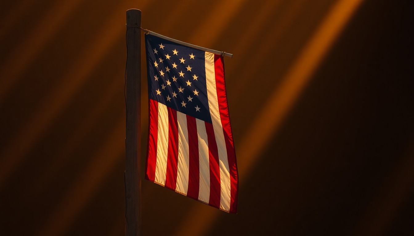 A close-up view of an American flag hanging on a wooden post, the fabric weathered and the colors muted, casting long shadows across the frame and creating a sense of melancholy and uncertainty.
