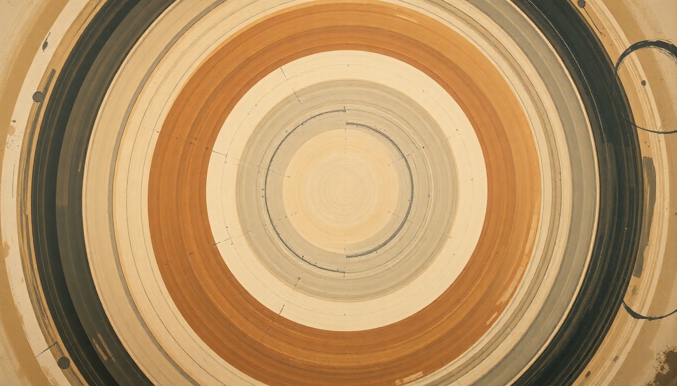 A bold, abstract painting in earthy tones featuring sweeping geometric arcs, concentric circles, and precise spirals, conceptually representing the complex forces and concepts of space travel.