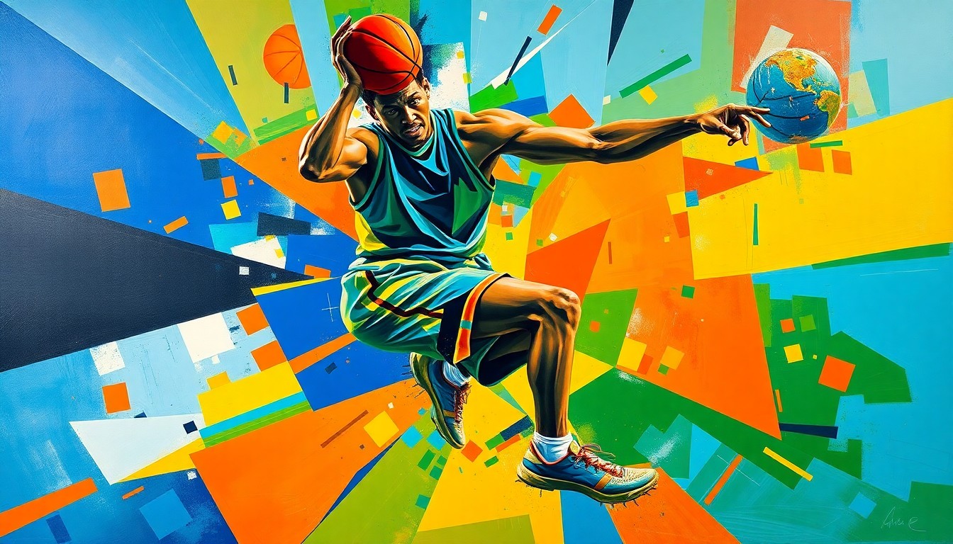 A fragmented, geometric painting depicting the dynamic movements and energy of a basketball player, with sharp planes of blue, orange, and green.