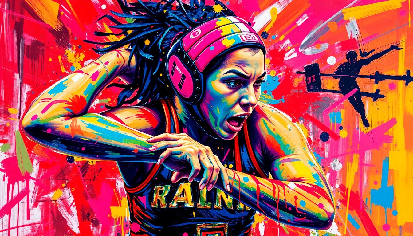 An extreme close-up of a wrestler's body in motion, with vibrant, expressive brushstrokes in neon colors capturing the raw energy and power of the sport.