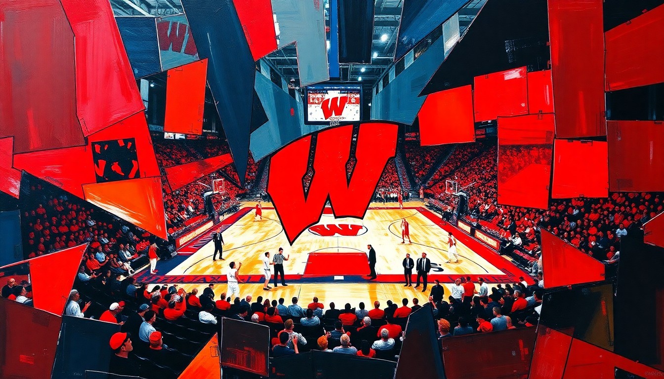 A cubist-style painting featuring overlapping geometric shapes and planes in the Badgers' colors of red, white, and dark blue, conceptually representing the multifaceted nature of the team's recruiting strategy.
