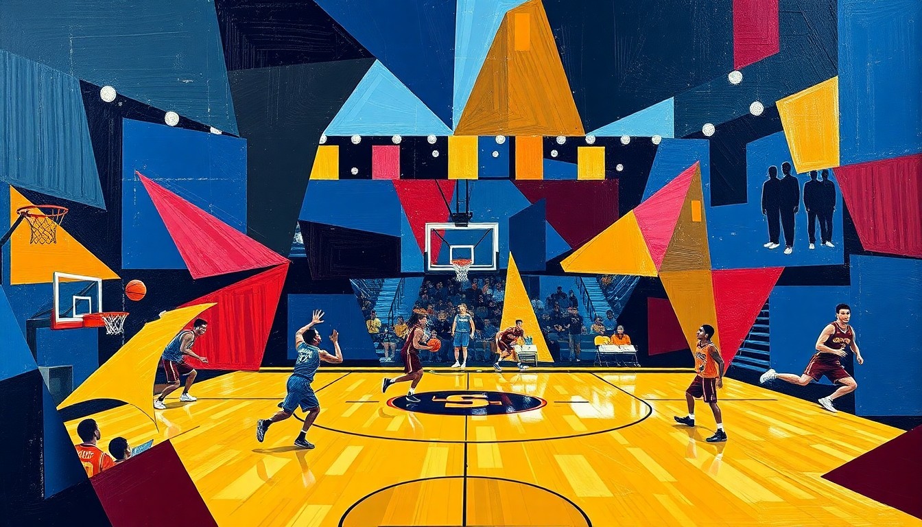 A cubist, geometric painting depicting fragmented scenes of a college basketball game or practice, with sharp planes of navy blue, maroon, and gold overlapping to create a dynamic, abstract composition.