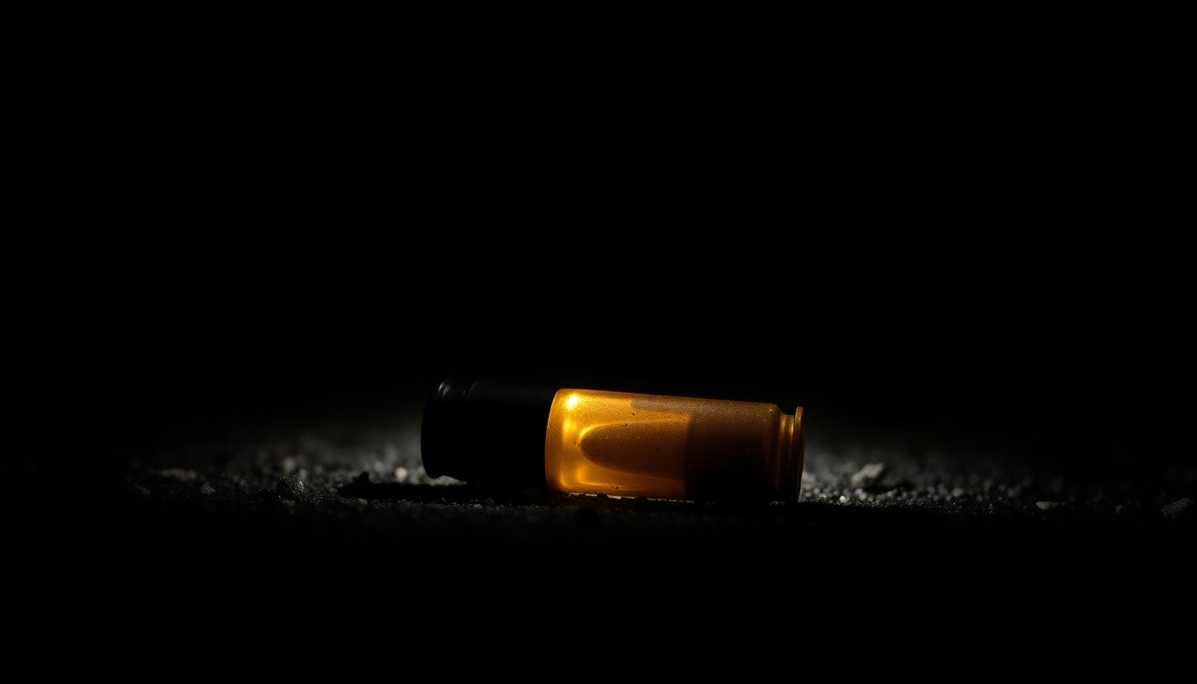 An extreme close-up photograph of a spent bullet casing on a dark surface, conveying the gritty, investigative nature of the crime scene.