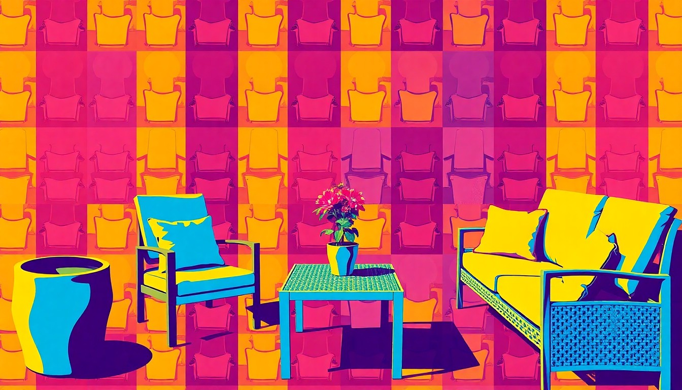 A brightly colored, high-contrast silkscreen print of a patio furniture set repeated in a tight grid pattern, conceptually representing the joy and creativity of outdoor living.