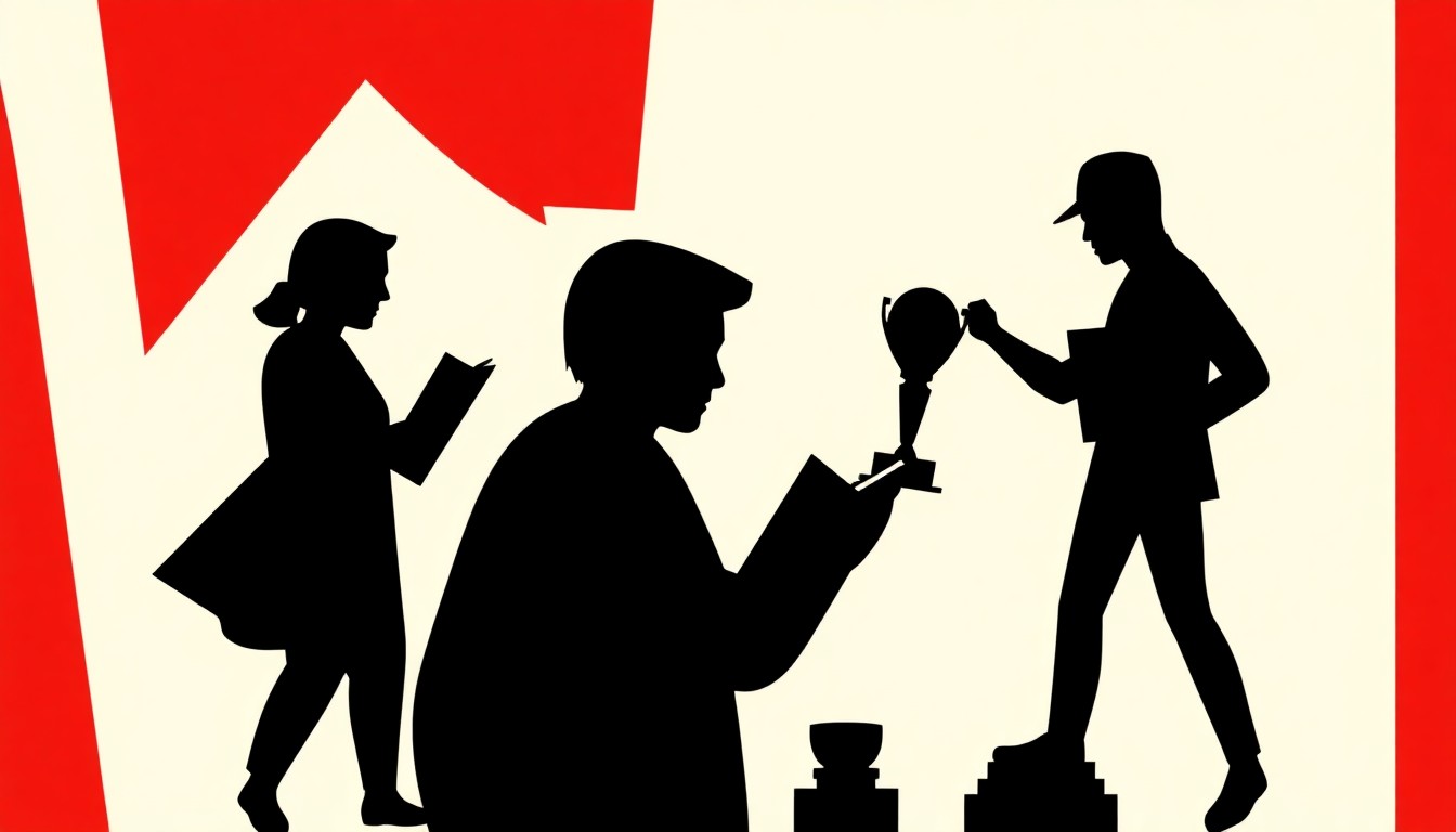 A minimalist, abstract illustration featuring bold, jagged geometric shapes in striking red and black, conceptually representing the themes of literary awards and the creative process of writing.