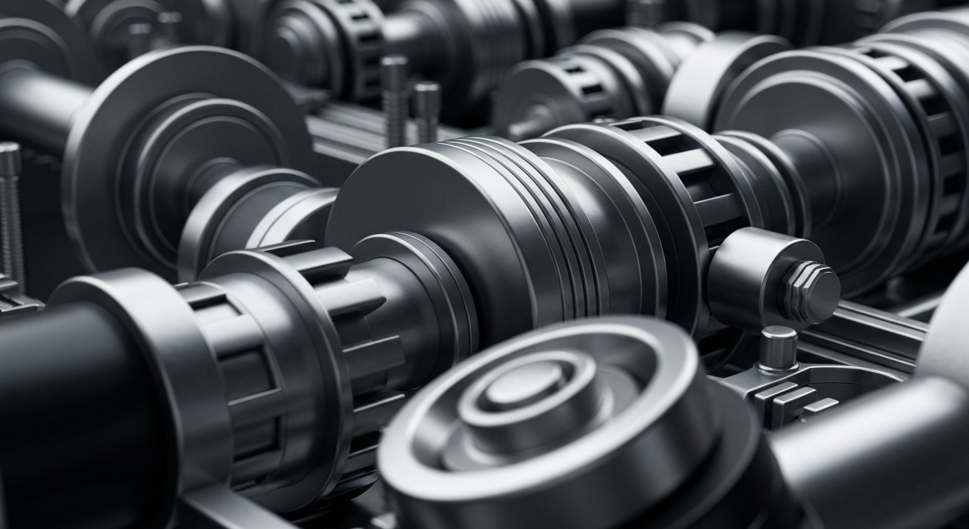 An extreme close-up of a series of interlocking metal gears, cogs, and levers in a dark, industrial setting, conceptually representing the complex regulatory infrastructure governing major investment funds.