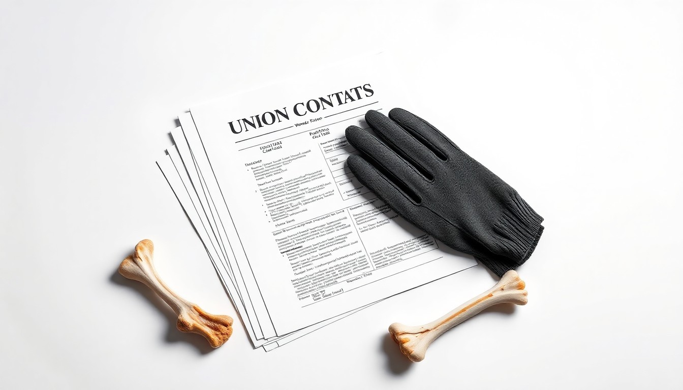 A high-end, photorealistic studio still-life featuring a stack of freshly stamped union contracts, a pair of work gloves, and a single beef bone on a clean white background, conceptually representing the resolution of a labor dispute in the beef industry.
