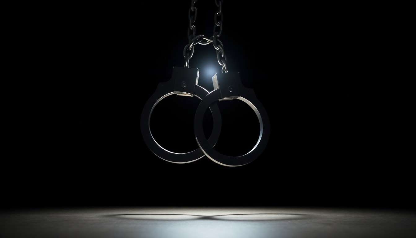 An extreme close-up photograph of a pair of metal handcuffs against a completely black background, the harsh lighting creating dramatic shadows and textures that conceptually represent the gravity of a political candidate's arrest.
