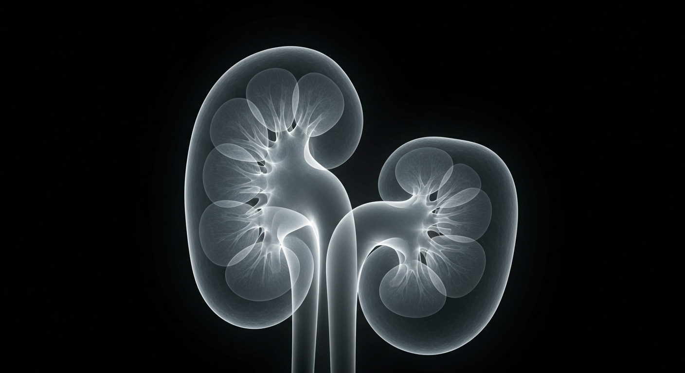 A translucent, ghostly X-ray image of a human kidney, glowing against a dark background and symbolizing the fragility and resilience of the human body.