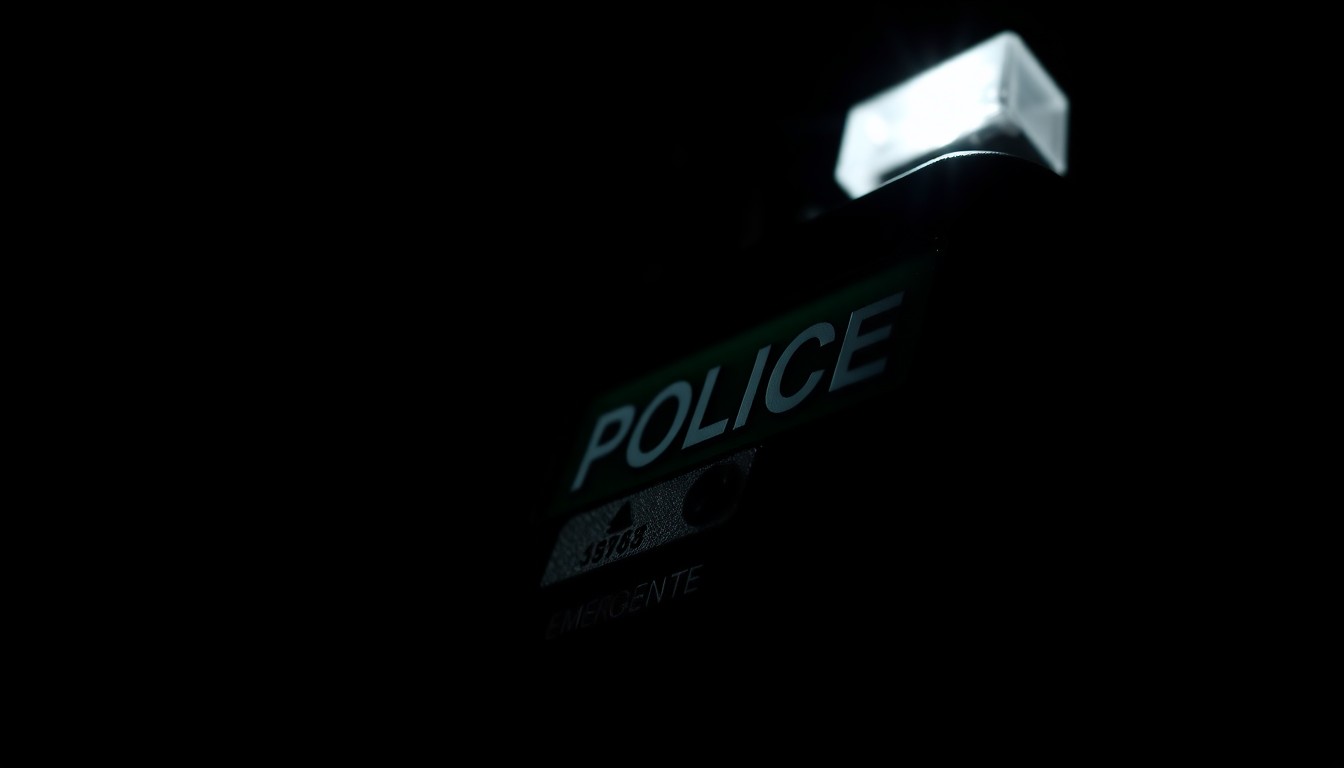 An extreme close-up photograph of a police radio or emergency services badge, lit by a harsh, direct camera flash against a pitch-black background, conveying a stark, gritty, investigative aesthetic about a missing child case.