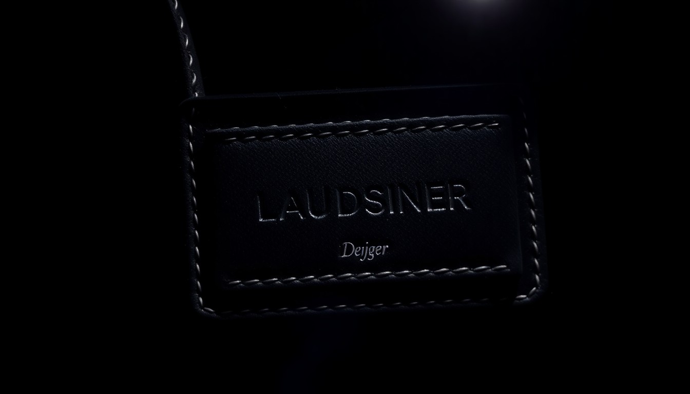 An extreme close-up photograph of a high-end designer handbag tag or label, the harsh flash illuminating the intricate texture and material details in stark contrast against a pitch-black background, conceptually illustrating the seizure of counterfeit luxury goods.