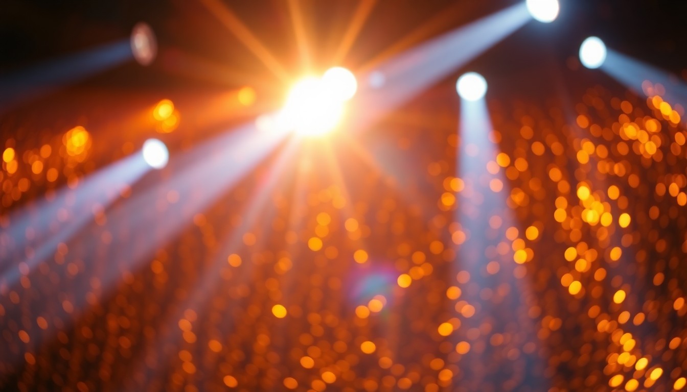 An extreme close-up photograph of shimmering gold sequins reflecting bright stage lights, conceptually representing the glamour and energy of a live music competition show.