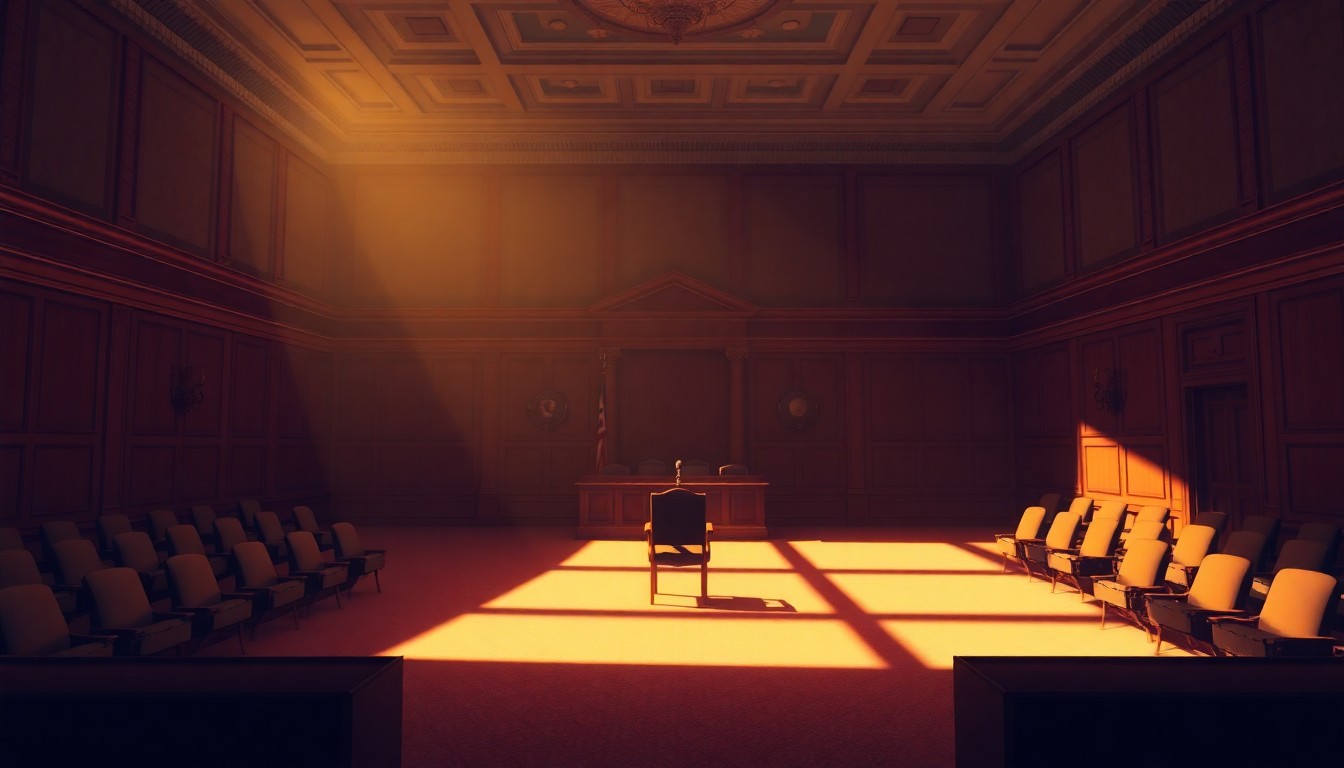 A quiet, cinematic painting of an empty congressional hearing room with a single chair and microphone stand in the center, bathed in warm, diagonal sunlight and deep shadows, conceptually illustrating the House's debate over expelling members accused of misconduct.