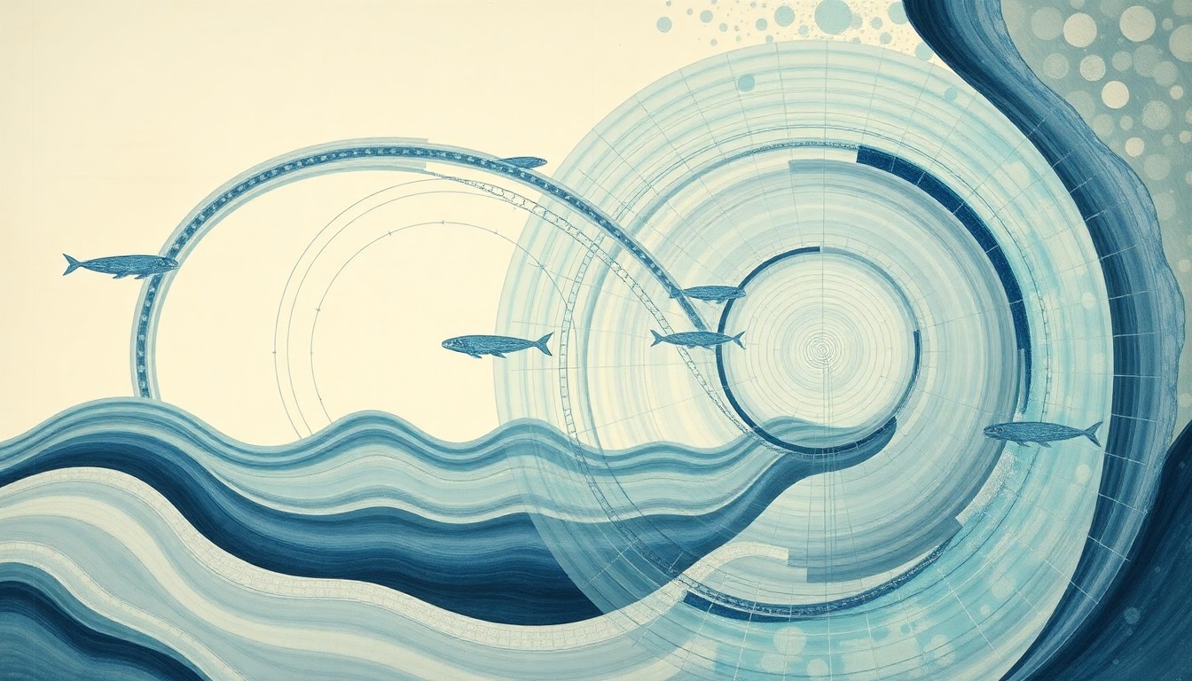 A highly structured abstract painting in muted tones of blue, green, and gray, depicting sweeping geometric arcs, concentric circles, and precise spirals that conceptually represent the complex interplay of ocean forces, whale migration patterns, and ship traffic in San Francisco Bay.