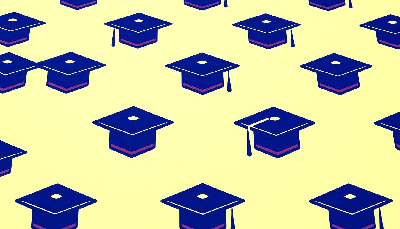 A bold, colorful silkscreen print featuring a repeated icon of a graduation cap, representing the collaborative spirit and shared commitment to innovation in education showcased by the Tiger-to-Tiger exchange.