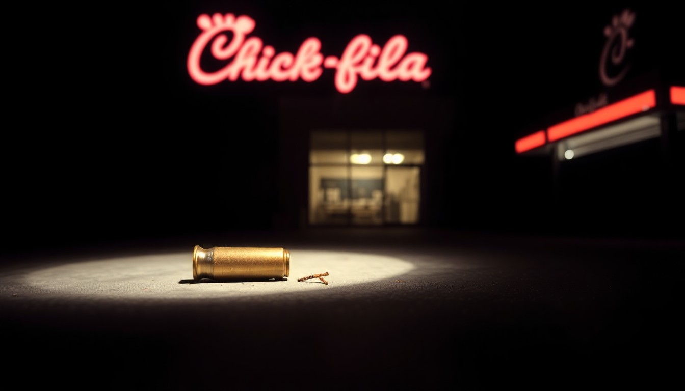 An extreme close-up photograph of a spent shell casing on the floor, lit by a harsh, direct camera flash against a pitch-black background, conveying a stark, gritty, investigative aesthetic.