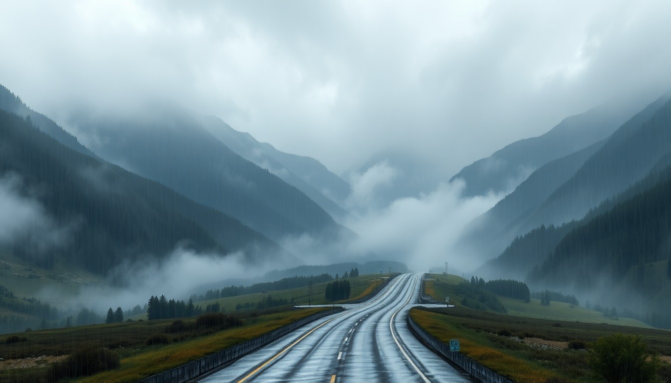 A sweeping, atmospheric landscape painting in muted tones of gray, blue, and green, depicting a rain-soaked highway cutting through a vast, fog-shrouded valley, with the road barely visible and dwarfed by the overwhelming scale of the natural elements.