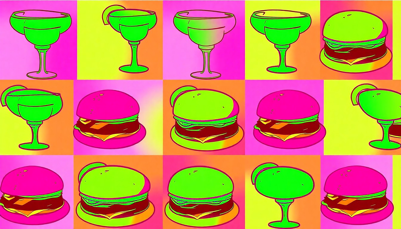 A vibrant, high-contrast silkscreen print of a Chili's menu item repeated in a grid pattern, capturing the iconic brand in a modern pop art style.