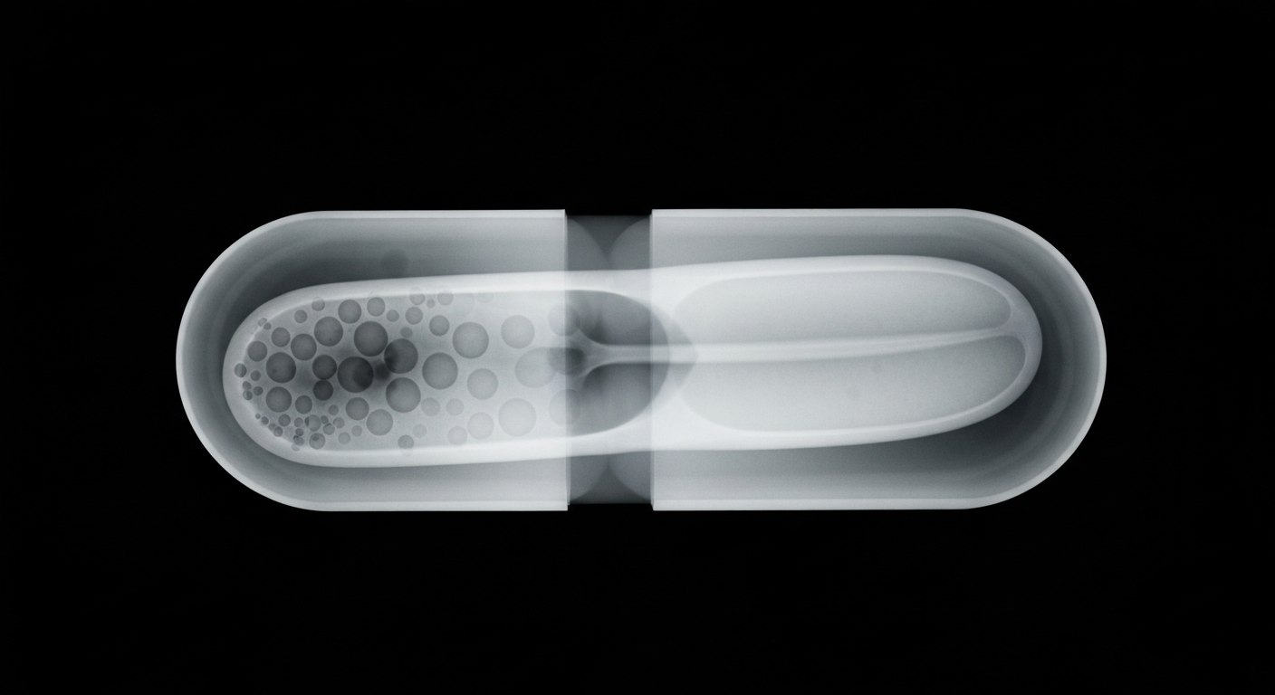 A ghostly, translucent X-ray photograph revealing the internal structure of a pill capsule against a dark background, conceptually illustrating the importance of transparency in clinical trial reporting.