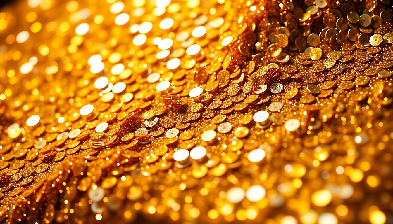 An extreme close-up photograph of shimmering gold and silver sequins, capturing the luxurious, glamorous aesthetic of 1970s pop music.