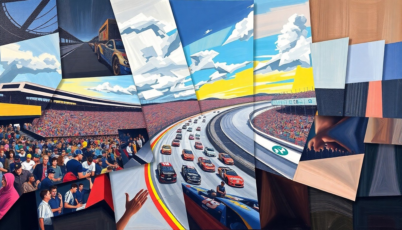 A cubist, geometric painting depicting a NASCAR race at Kansas Speedway, with the cars and track broken down into sharp, overlapping planes of color and shape.
