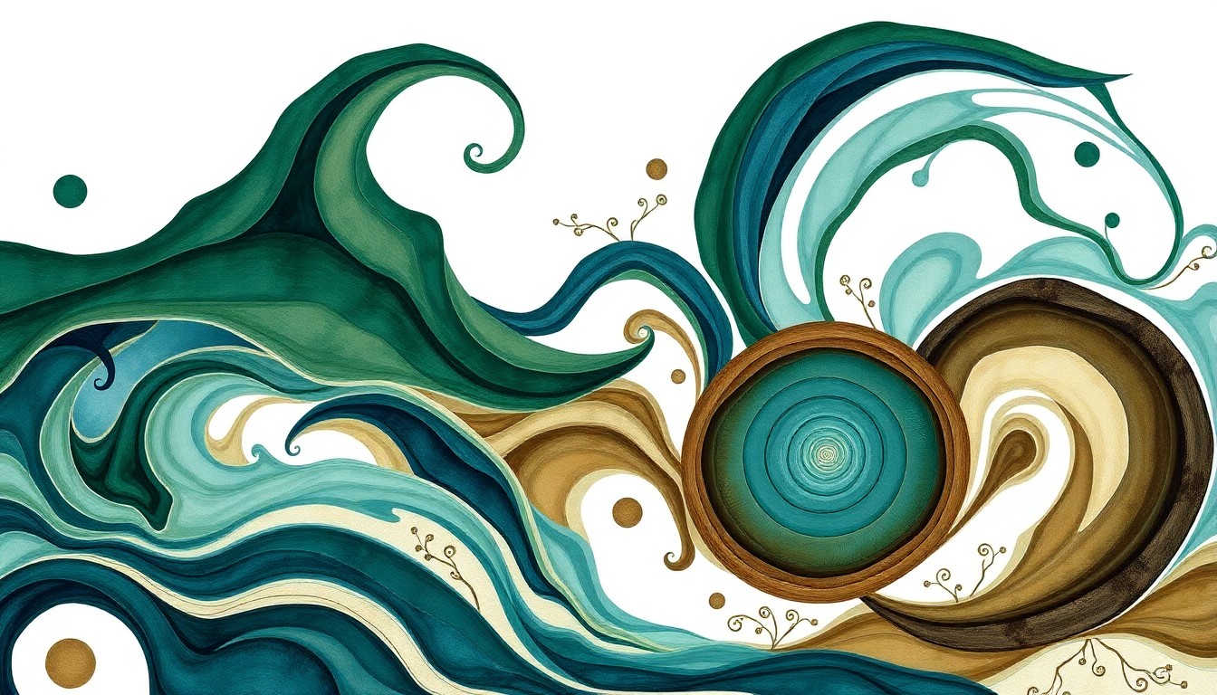 An abstract painting featuring sweeping geometric shapes and botanical patterns in shades of green, blue, and brown, visually representing the complex natural forces and community-centered solutions explored in a project to prevent flooding in Washington state.