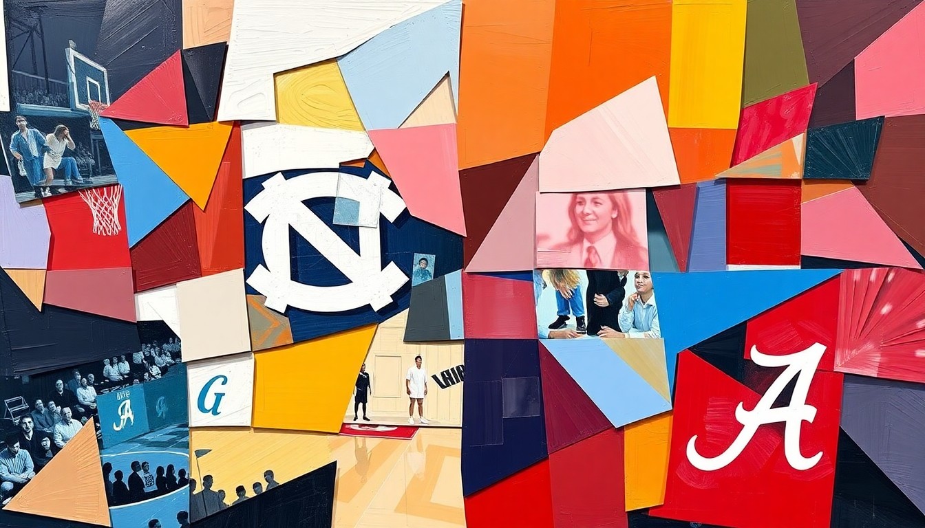 A cubist, geometric painting depicting a basketball game or match, with sharp, overlapping planes of color representing the North Carolina Tar Heels and Alabama Crimson Tide uniforms and the dynamic movements of the players on the court.