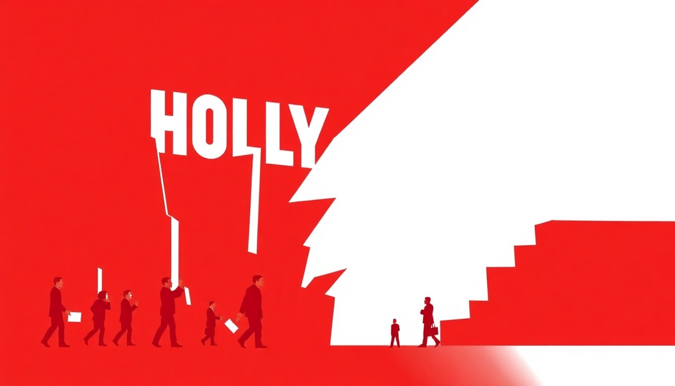 An abstract, minimalist illustration featuring bold, jagged shapes in red and white, conceptually representing the tension between Hollywood's creative forces and the push for media consolidation.