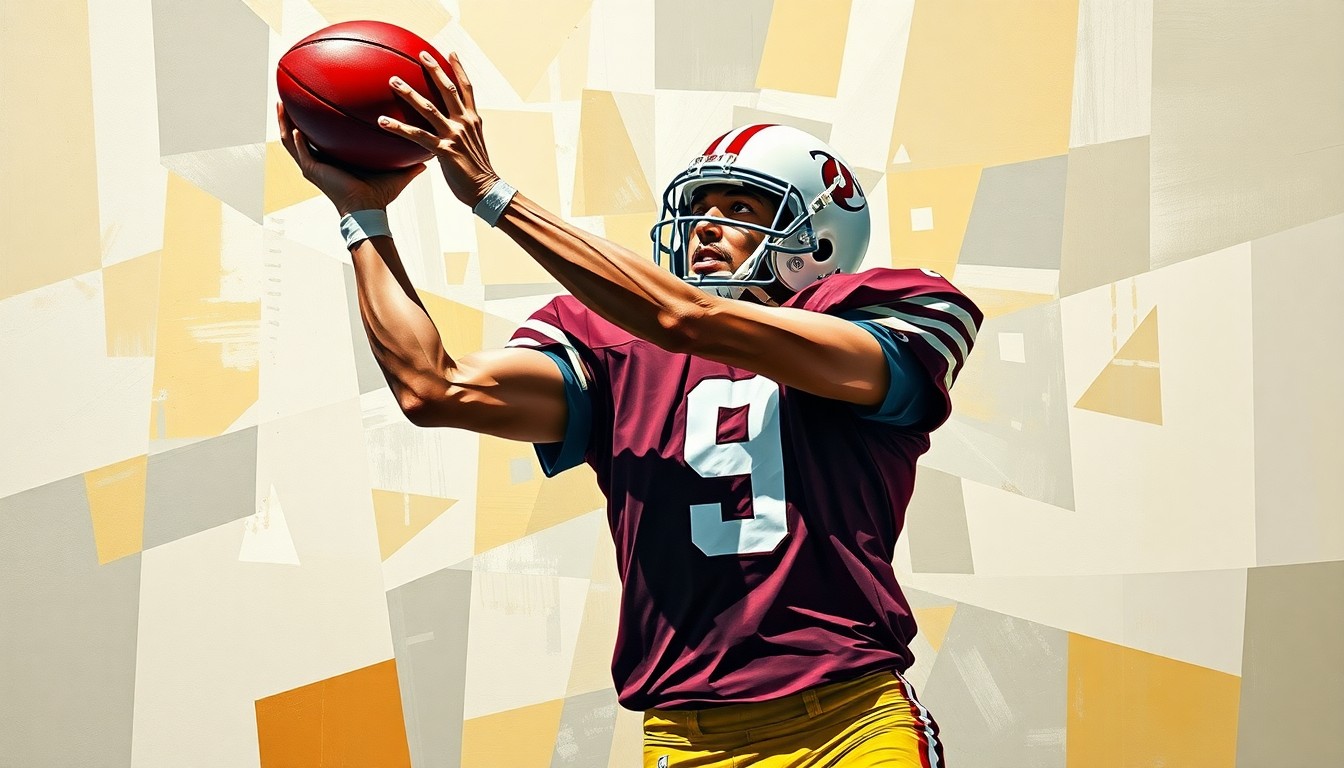 A cubist, geometric painting depicting a football player making a catch, with the player's jersey number 9 visible among the fractured, overlapping planes of color.