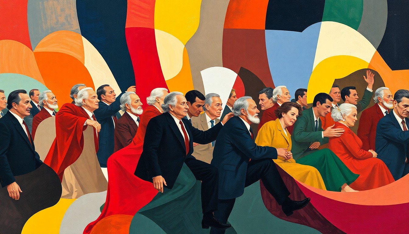 An abstract, fractured painting in shades of gold, red, and blue, depicting overlapping geometric shapes and patterns that evoke the concept of personal branding and the pursuit of grandeur.