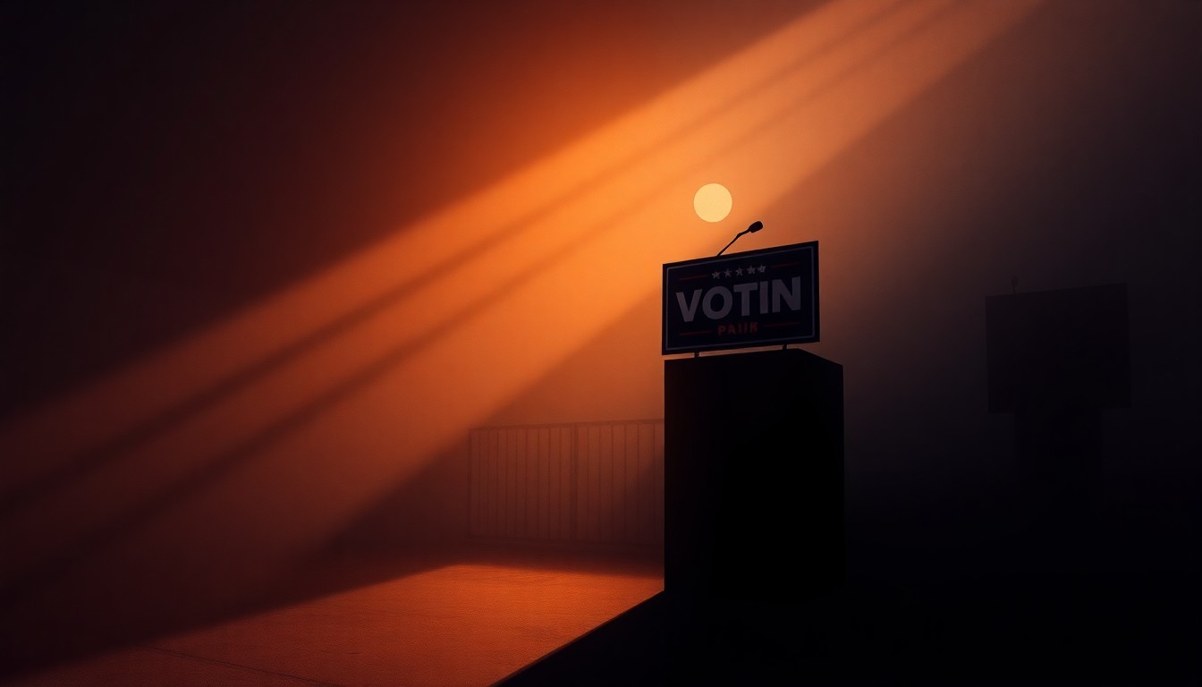 A dimly lit, cinematic painting of a lone campaign sign or podium, its edges softened by warm light and deep shadows, conveying a sense of contemplation and anticipation around a pivotal political contest.