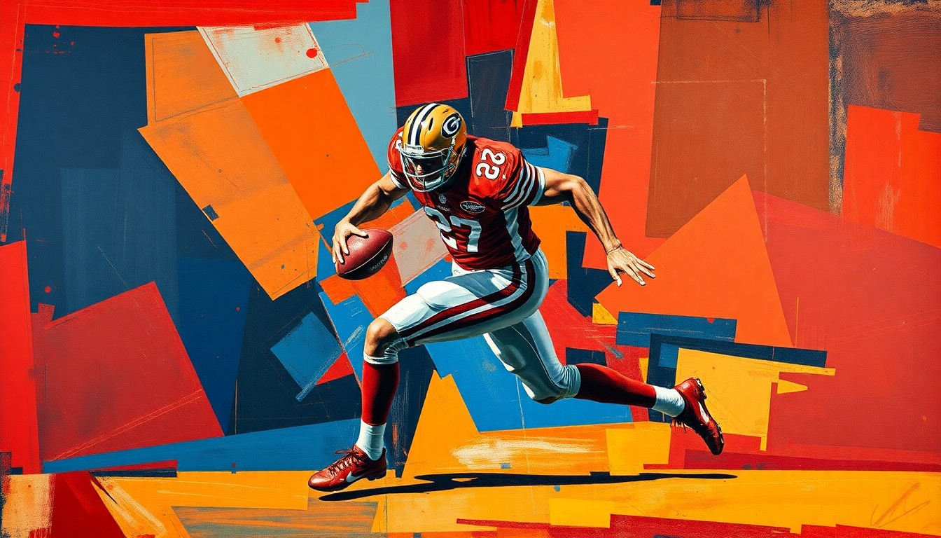 A cubist-style painting depicting a football player in motion, broken down into sharp, overlapping geometric shapes in a vibrant color palette of crimson, orange, and navy blue, conveying the dynamic energy and potential of the player.