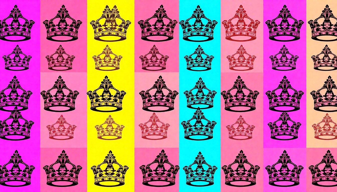 A brightly colored, high-contrast silkscreen print of a single, iconic crown or sash representing the Blossomtime Pageant, repeated in a tight grid pattern in a vibrant, neon color palette with heavy black outlines, conceptually capturing the celebratory energy of the community event.