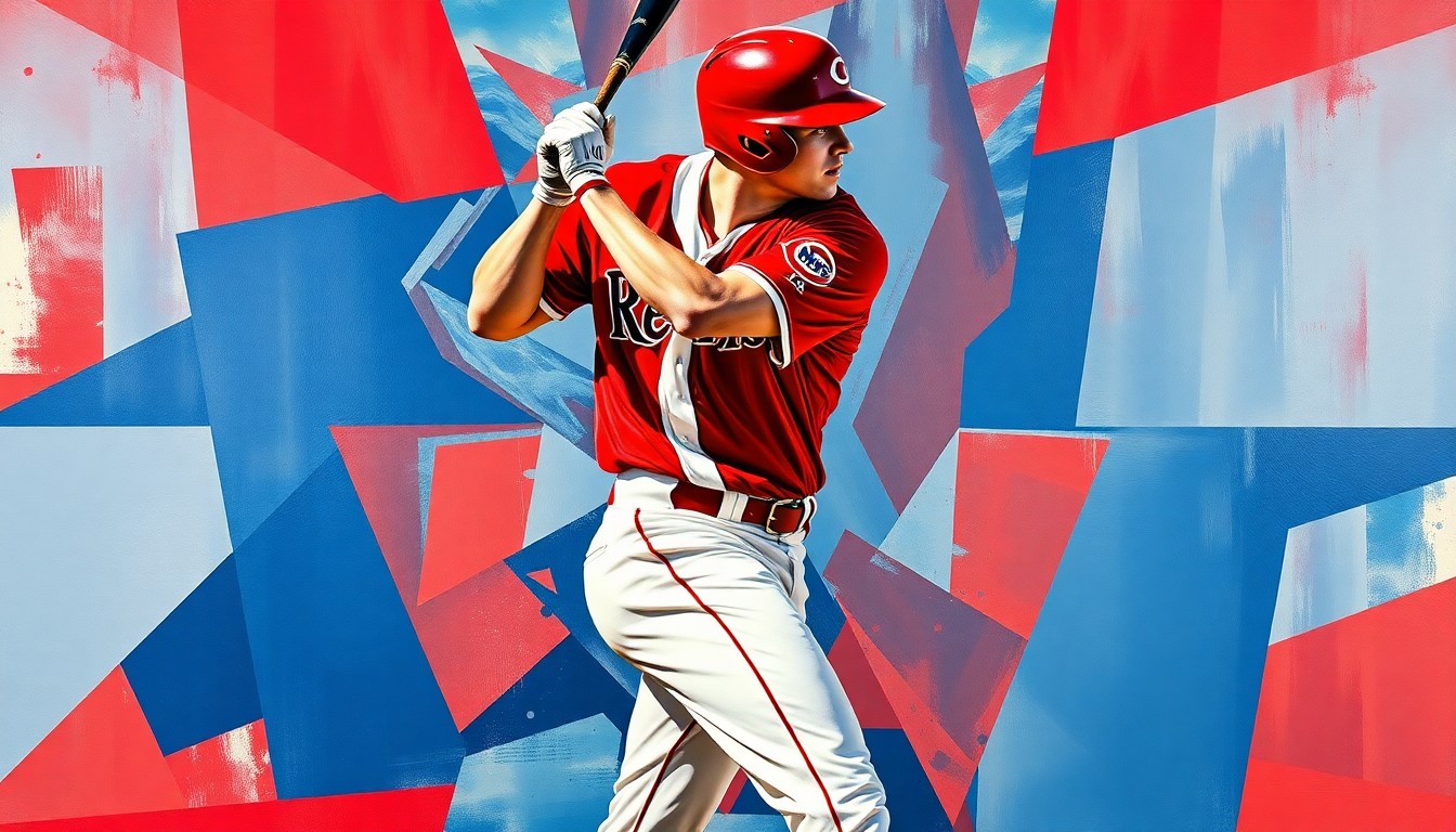 A fragmented, geometric painting depicting a baseball player in a batting stance, with sharp planes of red, navy, and white colors representing the Cincinnati Reds' uniform. The abstract, cubist style conveys the dynamic energy and potential of the team's young players.