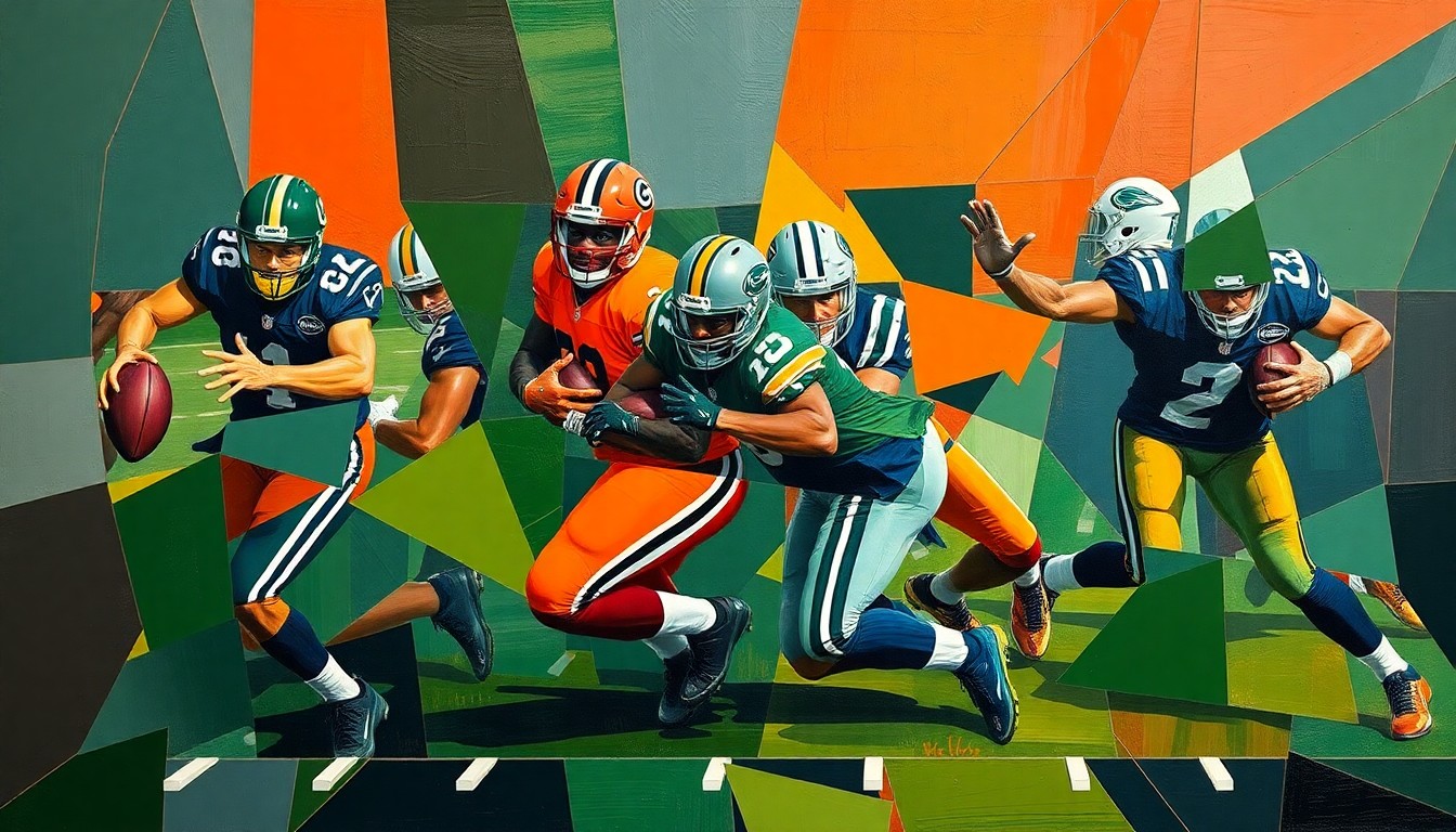 A fragmented, geometric painting depicting the chaotic motion of a football pass rush, with sharp planes of navy, green, and orange intersecting to create a dynamic, abstract composition.