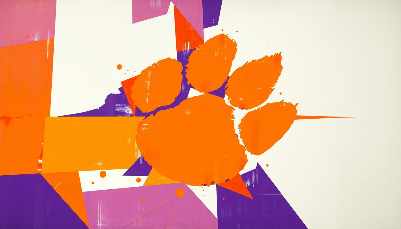 A cubist, geometric painting featuring sharp, overlapping planes of orange, purple, and white, conceptually representing the fragmented, multi-faceted nature of a high-intensity basketball game or match.