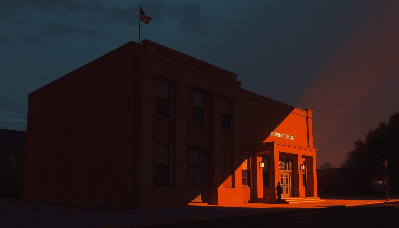 A serene, realistic painting of the exterior of a government building in warm, golden light, conveying a sense of civic pride and anticipation for the next chapter.