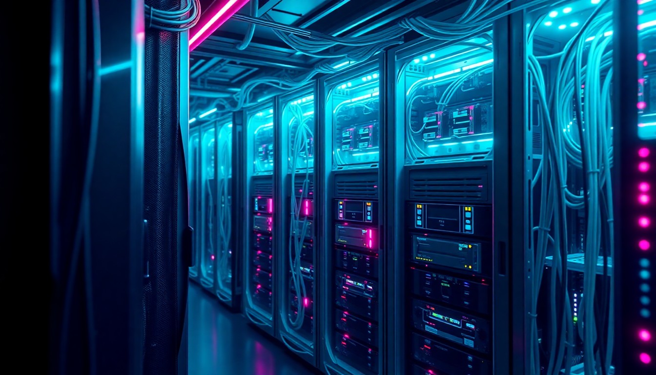 A highly detailed, glowing 3D illustration of a futuristic data center server rack, with neon cyan and magenta lights illuminating the complex network of cables and hardware components, conceptually representing the cybersecurity breach of Rockstar Games' systems.