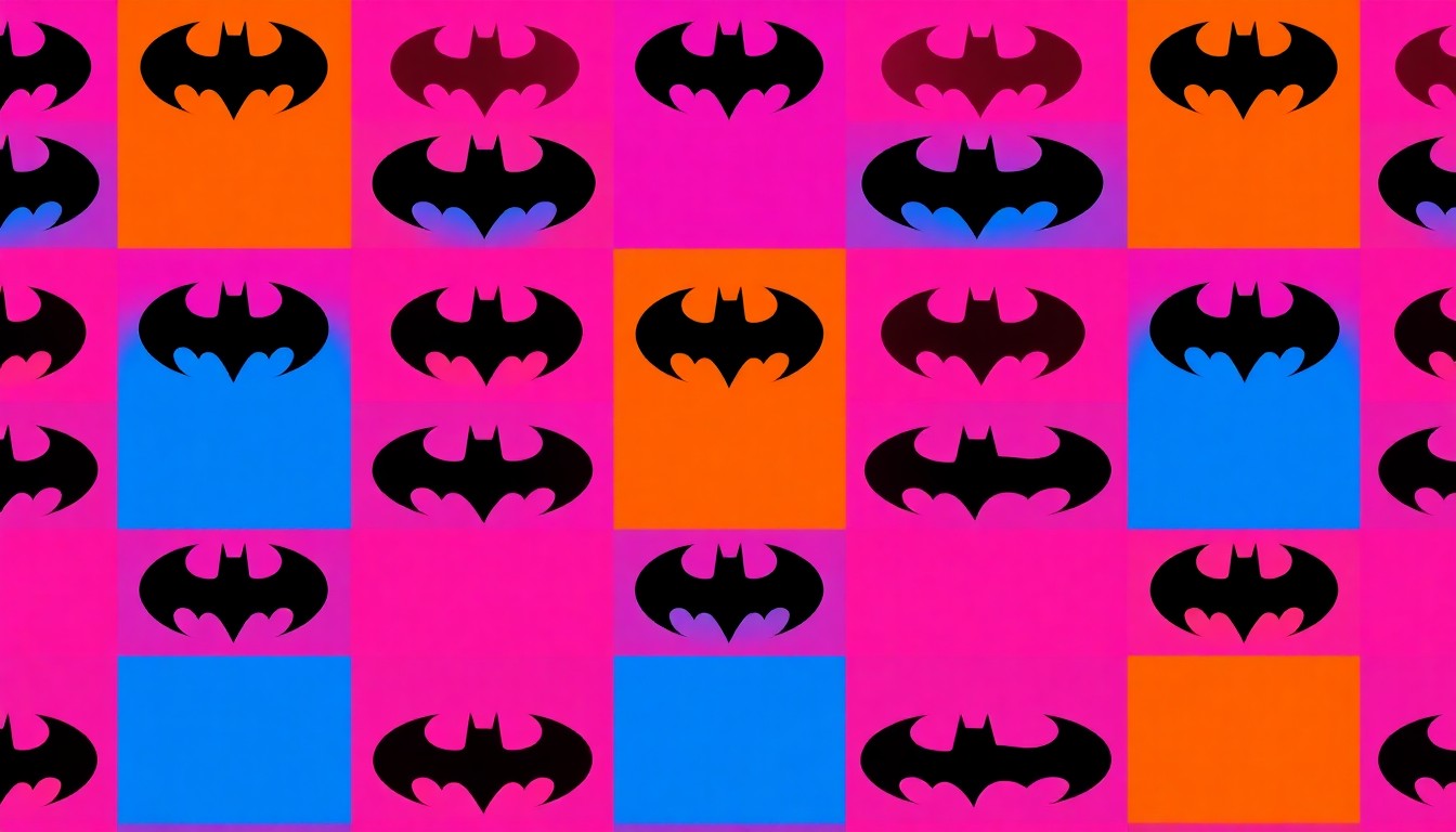 A bold, colorful silkscreen-style illustration featuring the iconic Batman symbol repeated in a grid pattern, rendered in a vibrant neon palette with heavy black outlines, capturing the playful and mysterious nature of the UCSD Batman saga.
