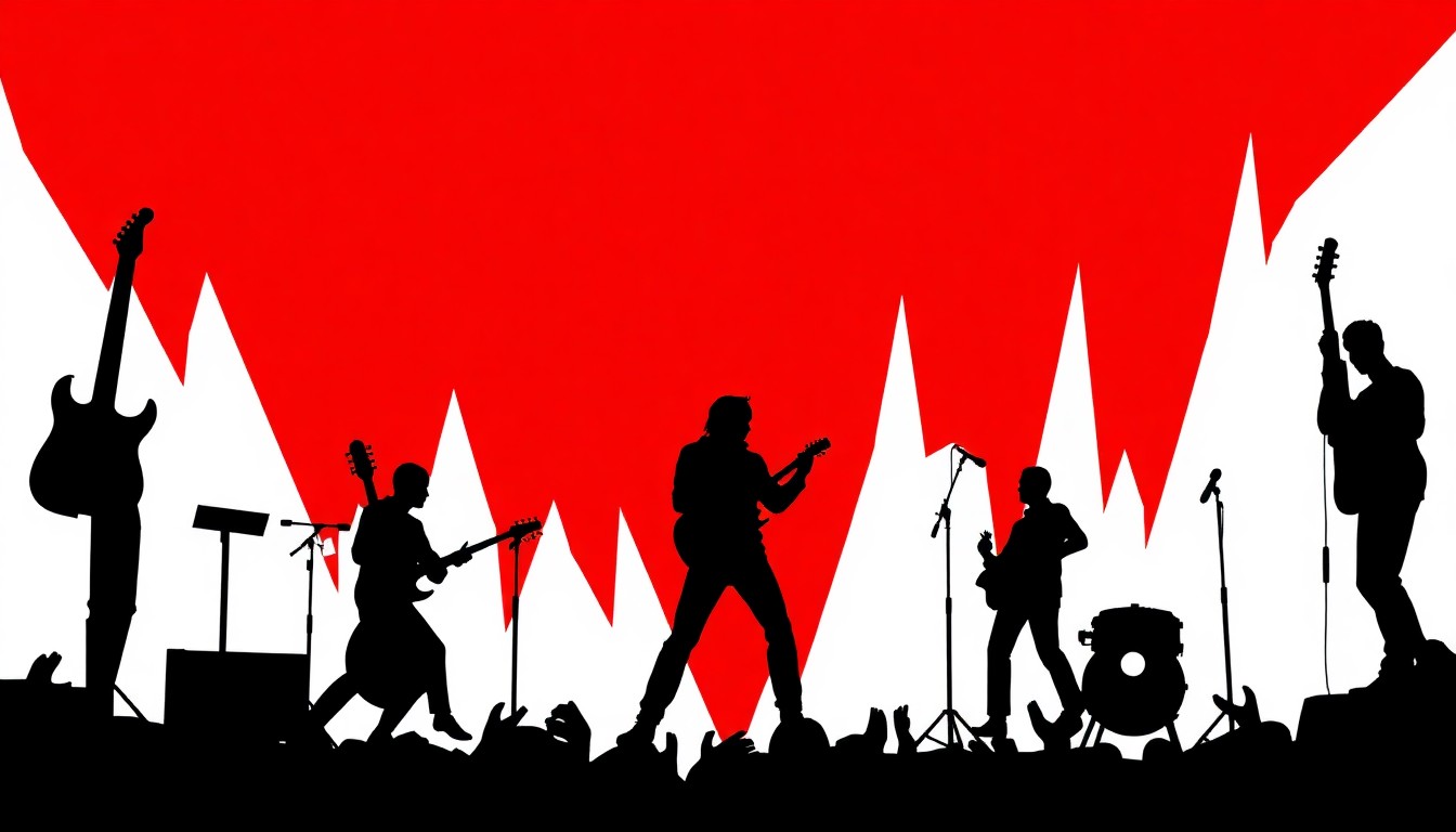 An abstract, minimalist illustration featuring sharp, angular black silhouettes of musical instruments and stage elements against a high-contrast red and white background, conceptually representing the energy and excitement of an indie rock concert.